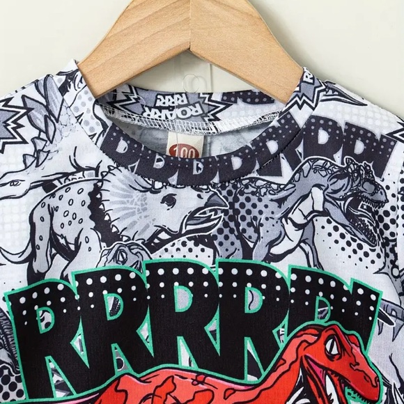 2 pcs Boys Casual Cartoon Cool Dinosaur Print shirt set grey Ages 5-6 - Picture 3 of 7